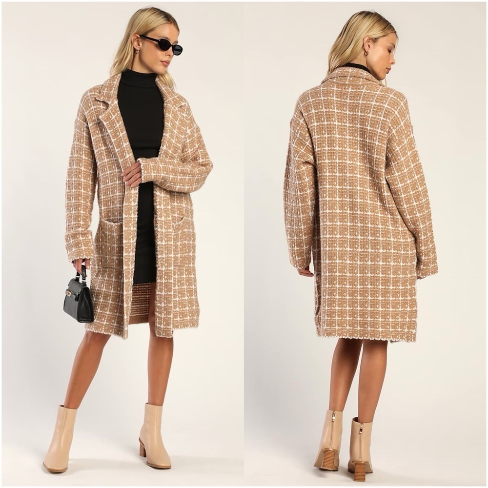 LULU'S Cozy Conditions Tan And White Knit Plaid Coatigan